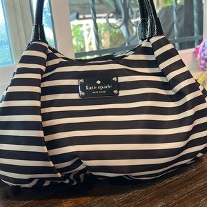 Vintage Kate Spade Black/White Striped 'Karen' Pleated Nylon Satchel NEW.